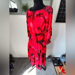 Calvin Klein - Red Floral Long Sleeve Dress